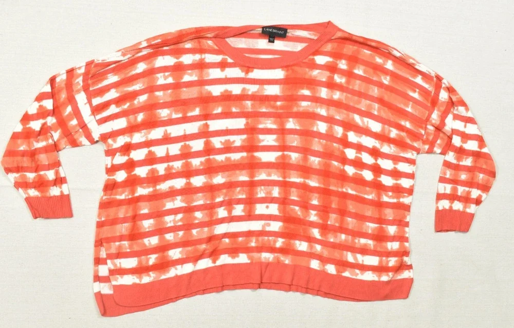 Lane Bryant Sweater Womens 26/28 Orange White Striped Tie Dye Knit Rayon Pullove